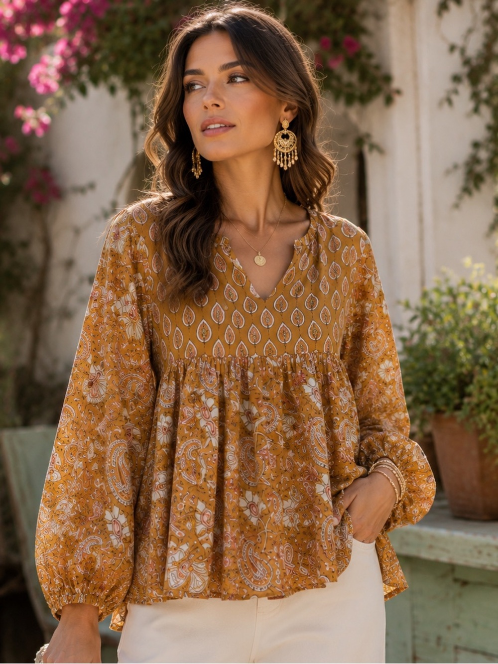 World Market Boho Paisley Peasant Blouse | Mustard Gold Multi | Large/XL
